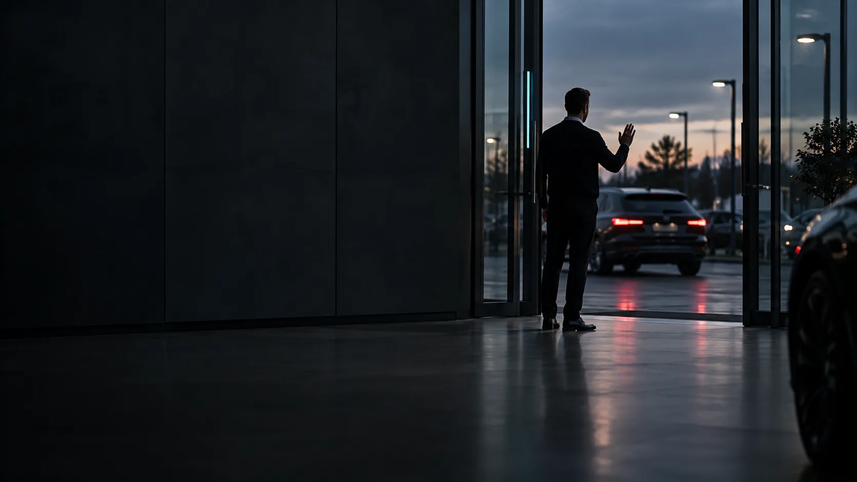 Advisor at an open showroom door at dusk, waving as a dark car pulls away
